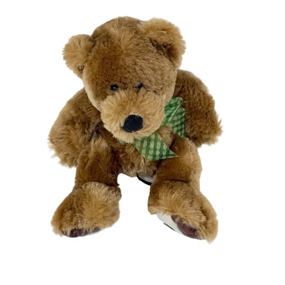 First & Main 10 Inch Newton Brown Bear Green Check Bow Soft Plush Stuffed Animal - Picture 7 of 9